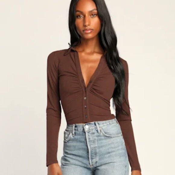 Lulus Keep Things Casual Brown Ribbed Ruched Button-up Collared Top - Picture 1 of 5